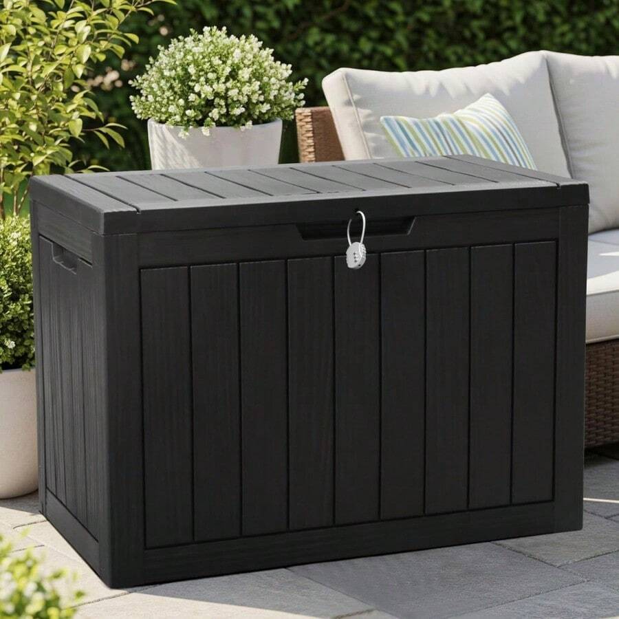 Olsen & Smith 170L Lockable Outdoor Garden Plastic Storage Box Container Chest - Small Lawn Balcony Furniture, Weather Resistant, Wood Panel Effect (Black) - Bkack - View 1