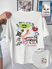Einteiliges, übergroßes Damen-T-Shirt aus Baumwolle mit Graffiti-Print, sommerliche Streetwear-Edition, atmungsaktiv und lässig mit Rundhalsausschnitt. - Weiss - Übersicht 10