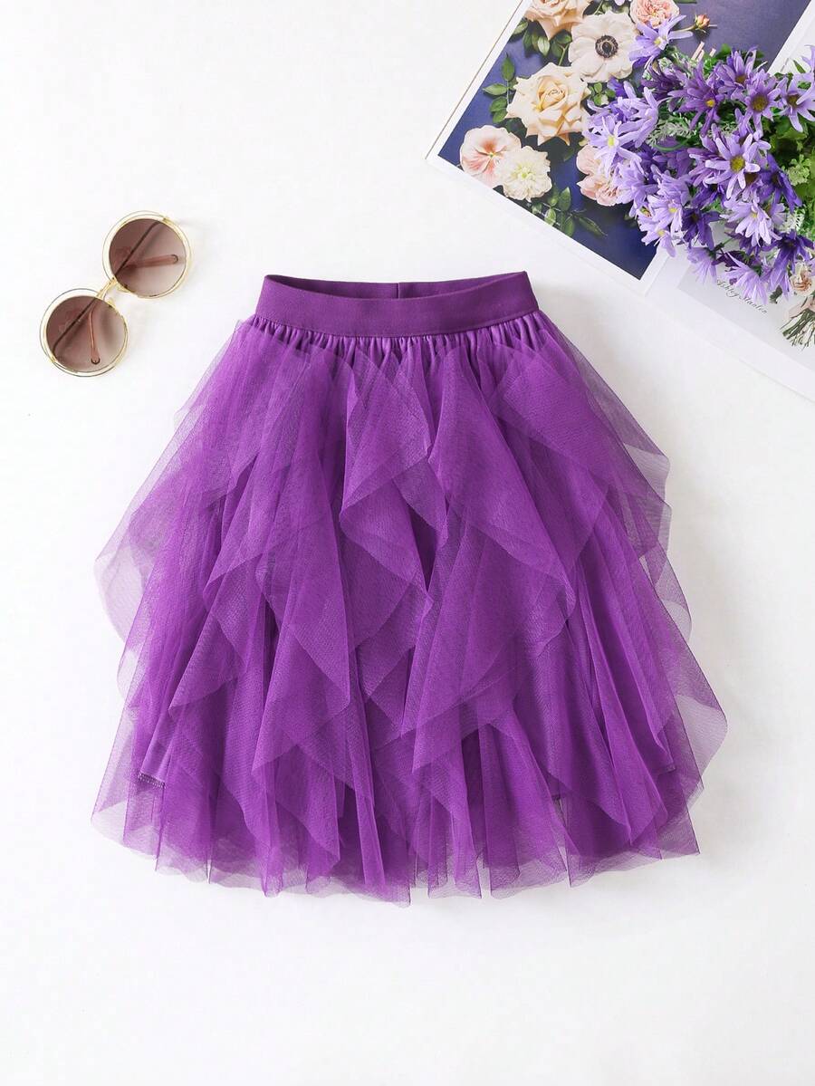 1pc Women's Asymmetrical Layered Ruffle Mesh Puff Skirt, Cake Skirt Spring - Purple - View 1