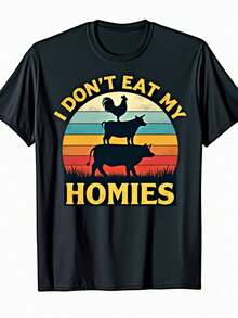 Men's Funny Vegan "I Don't Eat My Homies" T-Shirt - Black Oversized Retro Cow & Rainbow Animal Rights Graphic Tee, Heat Transfer Print Short Sleeve Shirt For Vegans, Vegan Gift Idea, Casual Wear (Loose Fit) - 預設 - 查看 2