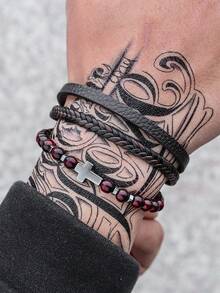 1pc Retro Cross Decor Men's Layered Beaded & PU Leather Bracelet, Natural Stone Beaded Magnetic Clasp Bracelet For Daily Wear & Gift - Multicolor - View 3