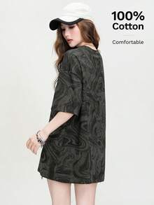 JUTU English Graphic All-Over Print Short Sleeve Round Neck Loose Knit Heather Grey Women Top, Elegant For Party, Summer, Valentine's Day Casual - 0A66  Gray - KJ0221 - View 4