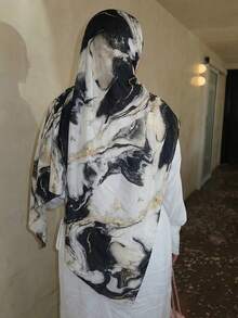 1条女士波西米亚风水彩印花围巾，休闲街头风头巾披肩，百搭日常、秋季、旅行必备、假日皆宜 - 黑白 - 查看 5