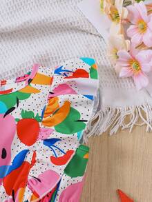 Bộ áo liền quần không tay, eo chun, họa tiết trái cây, viền bèo nhún cho bé gái, thích hợp mặc mùa xuân/hè. - Nhiều màu - Xem 4