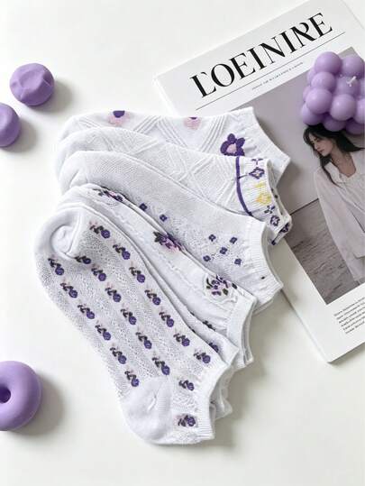 5 Pairs Women Purple Floral Lace Trim Ankle Socks, Cute Vintage Floral Print Low Cut Casual Soft Socks, Comfortable For Spring/Summer Daily Wear