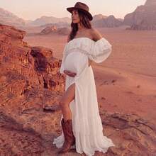 Maternity Off-Shoulder White Long Sleeve Ruffle Hem Dress, High Slit Loose Flowy Pregnancy Photoshoot Formal Gown Fall - White - View 7