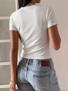 Women's White Deep V Neck Short Sleeve Polyester T-Shirt With Contrast Lace And Slit Hem Semi-Sheer High Stretch Regular Fit Top Casual Summer - White - View 5