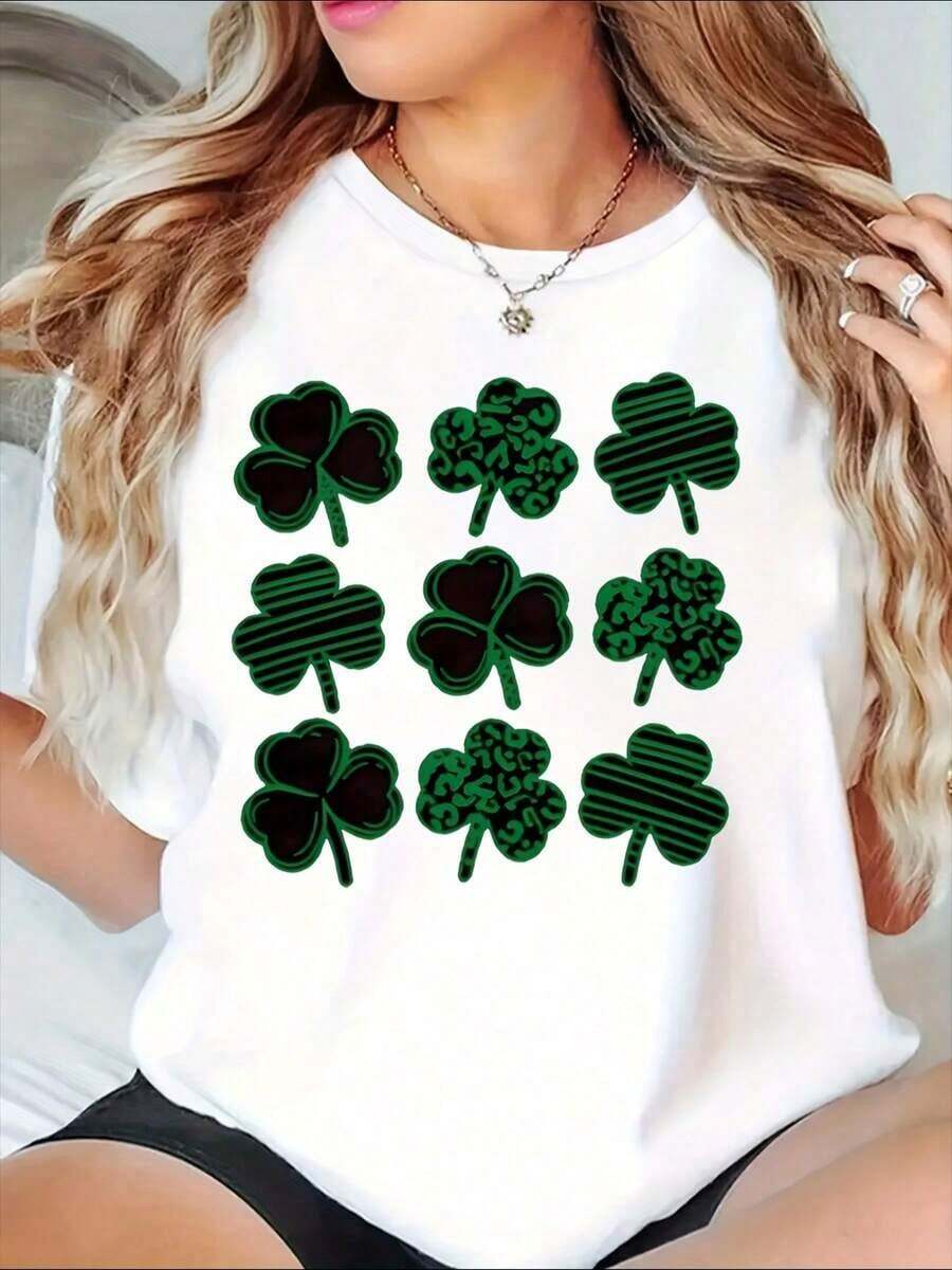 St. Patrick's Day Lucky Clover Shamrock Print Crewneck Short Sleeve T-Shirt, 220g Premium, 100% Pure Cotton, S-XXL Sizes, Loose Version, Unisex Couple Matching Casual Holiday Tops, Daily Party Casual Outfits, Mother's Day & Victoria Day Holiday Clothes, Spring Layering Basic Tee - White - View 1