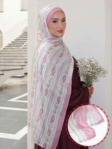 1 pièce Foulard tête femme à imprimé floral, foulard hijab transparent de haute qualité à impression numérique, châle à bord large respirant et doux, style de rue décontracté pour un port quotidien, convient pour toutes les saisons pour assortir les robes, essentiel de voyage, serviette de plage - Rose et vert - Voir 2