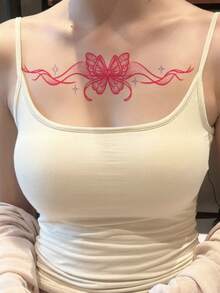 1片可水洗粉色渐变蝴蝶结临时纹身贴纸，防水持久，适合胸部/锁骨装饰，可持续2-3天 - 粉色 - 查看 4