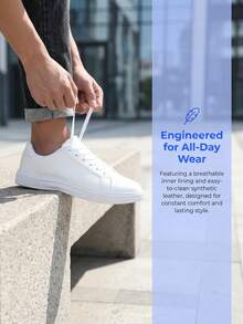 Clean White Modern Men's Sneakers, Low-Cut Skate Style With Lightweight EVA Outsole And Streamlined Silhouette - White 1 - View 8