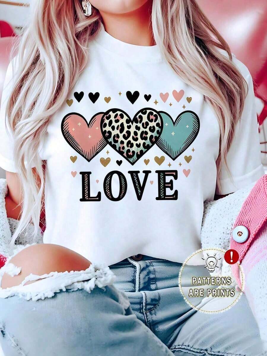 Camiseta Casual de Poliéster para Mujer, Cuello Redondo, Manga Corta, Largo Regular, con Estampado de Leopardo y Gráfico de Corazón - Blanco - Ver 1