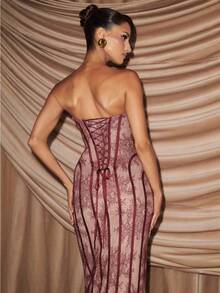 Burgundy Lace Corset Maxi Dress Strapless Sheer Mesh Bodycon Mermaid Gown Formal Evening Party Dress For Women - 紅色 - 查看 3