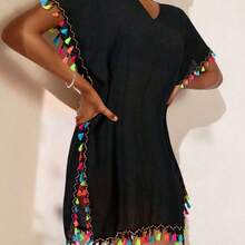 Swim Vcay Women's Vacation V-Neck Loose Straight Cover Up Dress With Colorful Pom-Poms Trim Summer - Beis - Ver 2