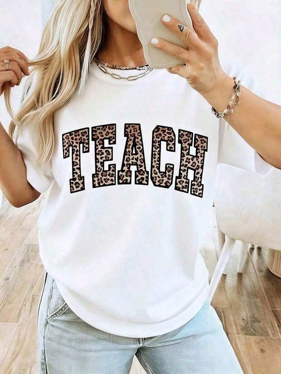 2026 Women's Leopard Print Teacher T-Shirt - Comfortable Round Neck Short Sleeve With Leopard Spot Teaching Design And School Team Letters - Casual Top Suitable For Educators, Teacher's Day Gift, Activities Black With Brown Letters - Spring/Summer/Autumn Wear, Geometric Pattern, Loose Fit Fashionable And Practical T-Shirt - 白色 - 查看 1