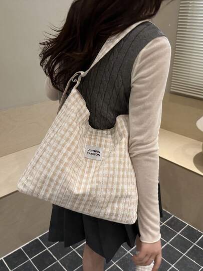 Fashionable Contrast Color Plaid Shoulder Bag, Casual Canvas Tote Bag For College Students, School Bag With Letter Print