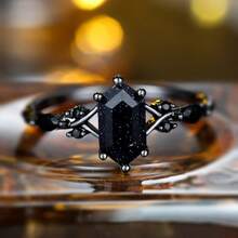 Vanel 一枚优雅黑色金属戒指，精巧的扭曲树枝造型，镶嵌蓝色砂岩和黑色立方氧化锆，日常佩戴饰品，优雅礼物 - 黑色-藍色 - 查看 1