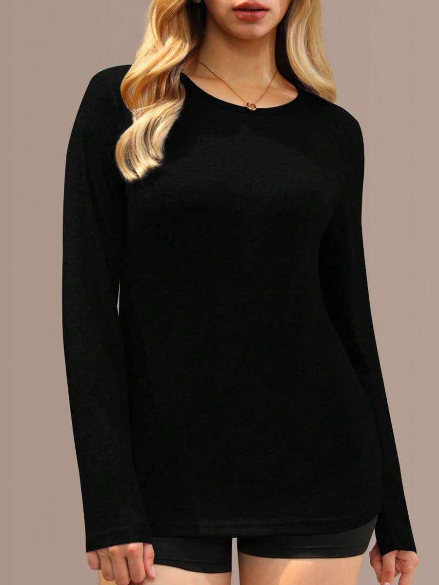 Women's Black Round Neck Long Sleeve Casual T-Shirt, Suitable For Autumn