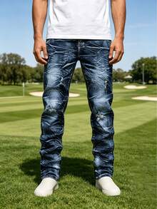 Men Stretch Slim Straight Cargo Jeans, Dark Blue Crack Washed Distressed Denim Pants With Multi Functional Pockets, All Season Daily Street Casual Out - Navy Blue - View 10