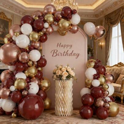 114pcs DIY Wine Red Floral Balloon Garland Kit, 18/10/5 Inch Gold/Rose Gold/Wine Red/White Balloons, Suitable For Birthday Party, Graduation, Wedding, Bridal Shower, Anniversary Balloon Chain