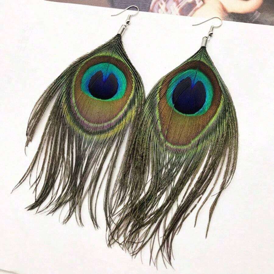 1pair Bohemian Style Peacock Feather Earrings, Exaggerated Vintage Handmade Ear Jewelry - Bạc - Xem 1