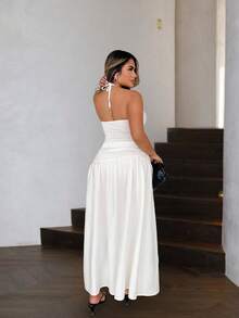 Set de 2 piezas con textura de lino, con cuello de corbata y dobladillo ajustado, para el verano y la playa - Blanco - Ver 4