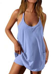 Womens Tennis Dress Workout Mini Dress With Shorts Sleeveless Spaghetti Straps Golf Athletic Dresses Mini Romper Dress Casual Workout Outfits Dresses For Women - Màu xanh lam - Xem 2