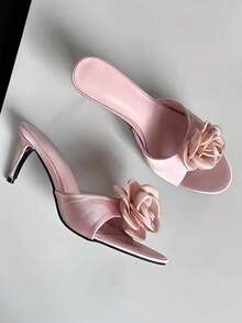 Pink Rose Pointed Satin Flower Mule High Heel Sandals For Women, Summer - Pink - View 3