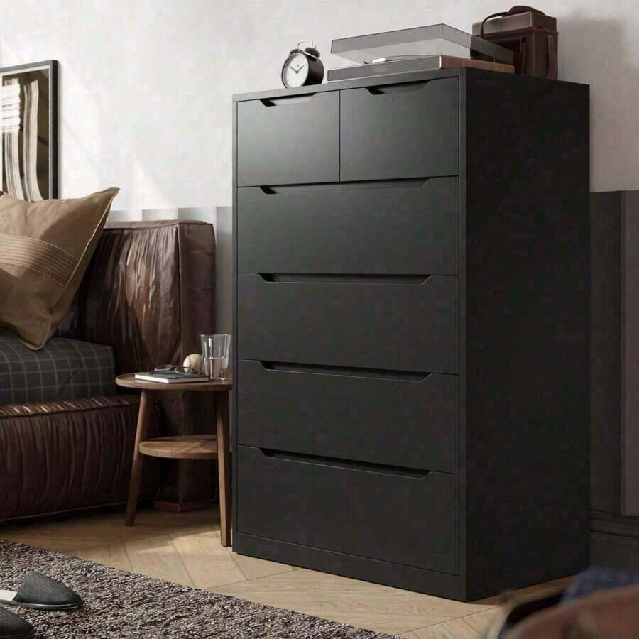 EnHomee Black Wooden Dresser With 6 Large Drawers, Dressers & Chests Of Drawers With Large Organizer, Tall Dresser With Smooth Metal Rail, Dresser Bedroom, Easter Decor, Wedding Decor, Home Decor, Room Decor - màu đen - Xem 1