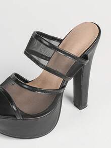 Sandalias de tacón alto de malla para mujer, mulas de moda con tacón alto y grueso para exteriores - Negro - Ver 8