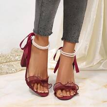 Burgunderrote Perlen-Schleife Chunky High Heel Sandalen - Bordeaux - Übersicht 7