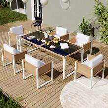 Polyrattan Dining Table And Chair Set, Garden Furniture, 6-Person Garden Dining Set With Armchairs, Removable And Washable Fabric Covers - Brown,White - View 6
