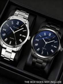 4pcs/Set Minimalist Casual Men's Quartz Watch Set, Including Silver Metal Watch Band, Black Dial Roman Numeral Quartz Watch, Silver Cuban Link Bracelet, Silver Necklace, Silver Embossed Ring. The Core Is Made Of Cool-Toned Stainless Steel, The Black Dial Watch Face With Roman Numerals Showcases Elegance, And The Metal Band Is Durable And Comfortable To Wear. - Silver - View 9