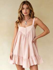 Women Slip Dress, Sleeveless Pleated Ruffled Solid Loose Summer Dress Mini Dress Suitable For Daily Look And Dating Occasions - Pink - View 4