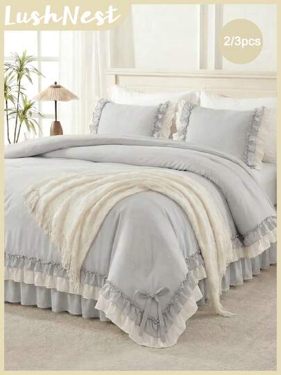 2pcs/3pcs Ruffled Bicolor Duvet Cover Set (1 Duvet Cover + 2 Pillowcases, Without Filler), Fresh Countryside Style, Fashionable And Cute Classic, Comfortable And Breathable Polyester Suitable For All Seasons, Applicable To Bedroom Scenes, Home Decor, Bow Bedding, Ruffle Decor, Color Blocking Design, Modern Farmhouse Style, Pastoral Style, Bedroom Refresh, Cute Decor, Home Goods
