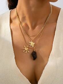 1 chiếc vòng cổ mặt dây chuyền nhiều lớp cá nhân hóa dành cho nữ, đính đá không đối xứng và các họa tiết sinh vật biển. - Vàng - Xem 1