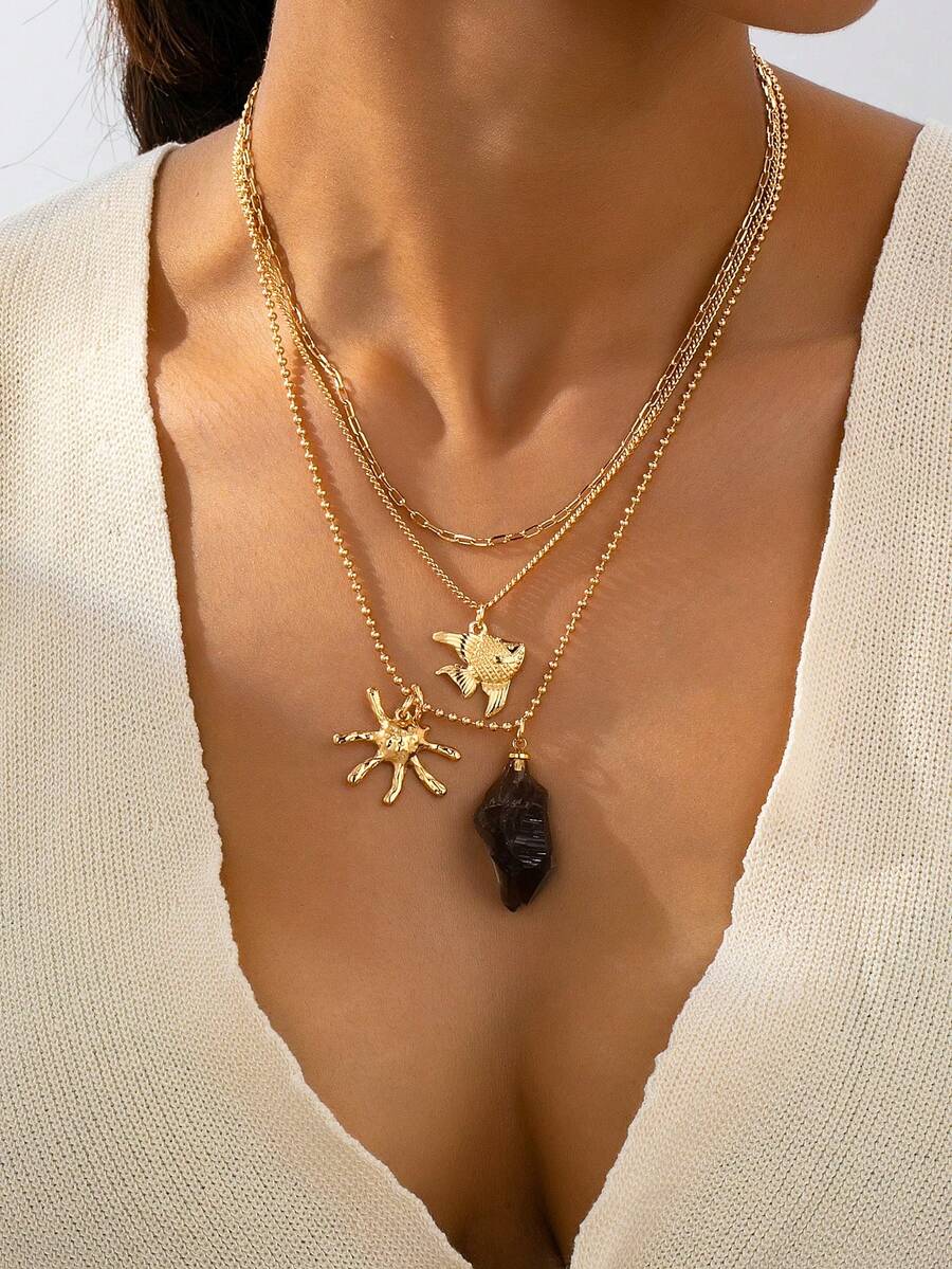 1 chiếc vòng cổ mặt dây chuyền nhiều lớp cá nhân hóa dành cho nữ, đính đá không đối xứng và các họa tiết sinh vật biển. - Vàng - Xem 1