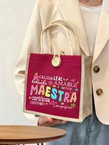 Multicolor Maestra Letter And Pencil Apple Pattern Print Tote Bag ,Reusable Tote - Multicolor - View 7