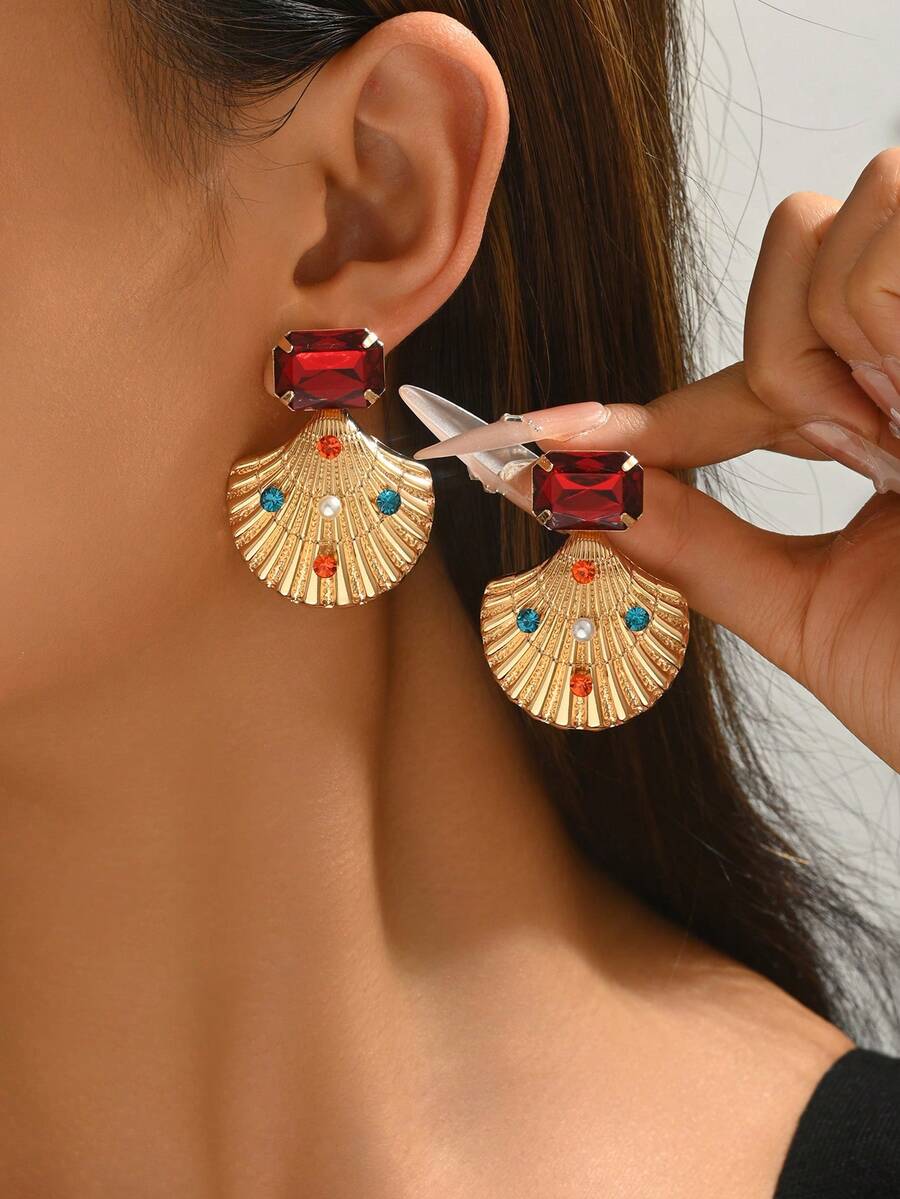 1 Pair Boho Golden Shell Summer Earrings With Red Acrylic &Multicolor Rhinestones&Faux Pearl, Vintage Ocean Statement Jewelry For Women, Beach Holiday Accessories ,Daily Wear Date Party Mother's Day Gift - Red - View 1