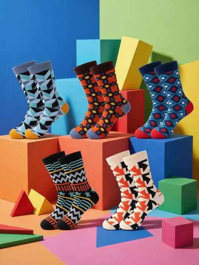 1/5 Pairs Men's Socks, Couple Style, Random Multi-Color, Geometric Pattern, Contrast Color, Soft & Comfortable, Casual Mid-Calf Socks, Suitable For All Seasons