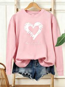 Women's Casual Long Sleeve Round Neck T-Shirt - "Be Kind Heart" Pattern Print, Bright Green, Medium Stretch Fabric, Machine Washable, All-Season Comfort, Non-Transparent Material Valentine Outfits For Women2025 - Brick Red - View 10