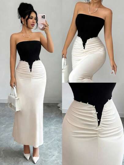 Vestido de novia elegante de verano con ajuste ceñido y fruncido en contraste de color para mujer