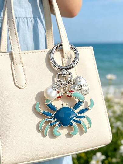 Hawaiian-Style Dripping Crab Pendant With Pearl & Heart Design, Ocean-Inspired Alloy Keyring For Men & Women, Ideal For Valentine'S Day, Mother'S Day, Father'S Day, Independence Day, Beach Lovers, Cute & Durable Keychain For Bags, Car Accessories, Gifts For Friends & Family, Rhinestone Sea Animal Pendant