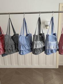 Casual Minimalist Plaid Drawstring Pleated Hem Large Capacity Tote Shoulder Bag, Women Pleated Hem Shoulder Bag - Multicolor - View 11