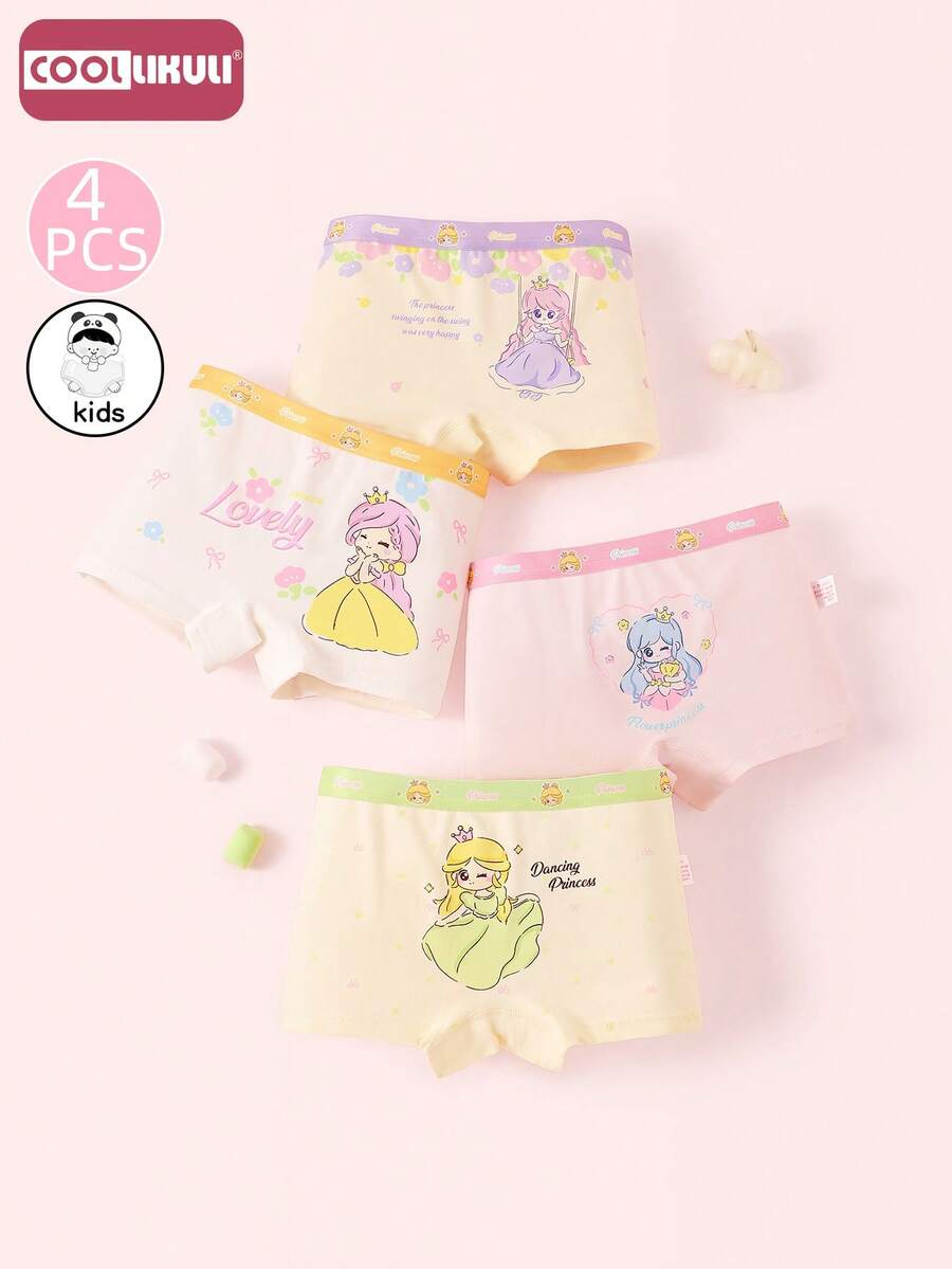Coollikuli Set 4 Buah Celana Dalam Pendek Anak Perempuan Motif Putri Lucu, Menampilkan Bunga, Pita, dan Desain Empat Sudut Berwarna-warni yang Modis untuk Anak Perempuan. - MultiWarna - View 1