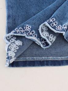 2件套女童街头风花卉刺绣无袖牛仔圆领背心+配套弹力腰直筒牛仔裤套装，夏季 - 深色水洗藍 - 查看 8