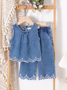 2件套女童街头风花卉刺绣无袖牛仔圆领背心+配套弹力腰直筒牛仔裤套装，夏季 - 深色水洗藍 - 查看 1