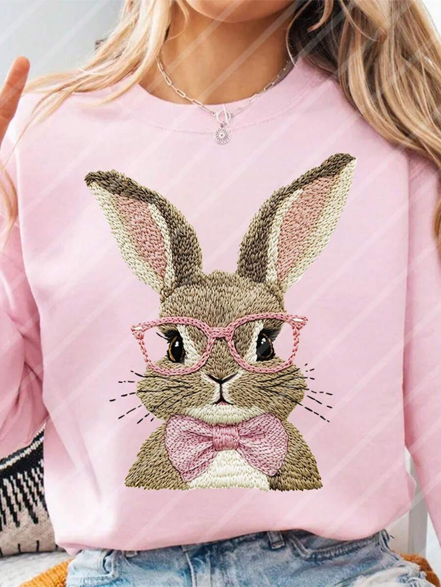 10-Inch Cute Easter Bunny Embroidery Style Design DIY Iron-On Transfer Patch, Clothing Decoration, Suitable For T-Shirts, Sweatshirts, Fabric Decor, Pillow Covers, Tote Bags And Garment Decoration, Easter Holiday Party Decor, Durable Plastic Heat Transfer Sticker - Multicolor - View 1