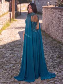 Faeriesty Bộ váy dạ hội 2 mảnh thanh lịch bằng chiffon đính ngọc trai dành cho nữ: Áo choàng tua rua kiểu cape và váy chữ A hai dây. - Màu xanh ngọc - Xem 2