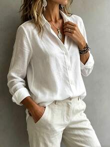 Fashionable Elegant Long Sleeve Collared Shirt Women Versatile Loose Casual Commute Top Solid Color Button Front Daily Office Blouse White - White - View 2
